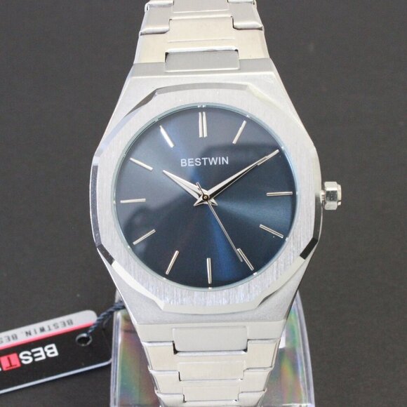 Men's Sports Watch Integrated Bracelet Silver Tone Blue Dial 41.5mm - Picture 6 of 15